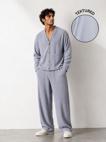 Grey Textured Oversized Full Sleeve Cardigan/Shawl Neck Tee & Trackpant Co-ord Set