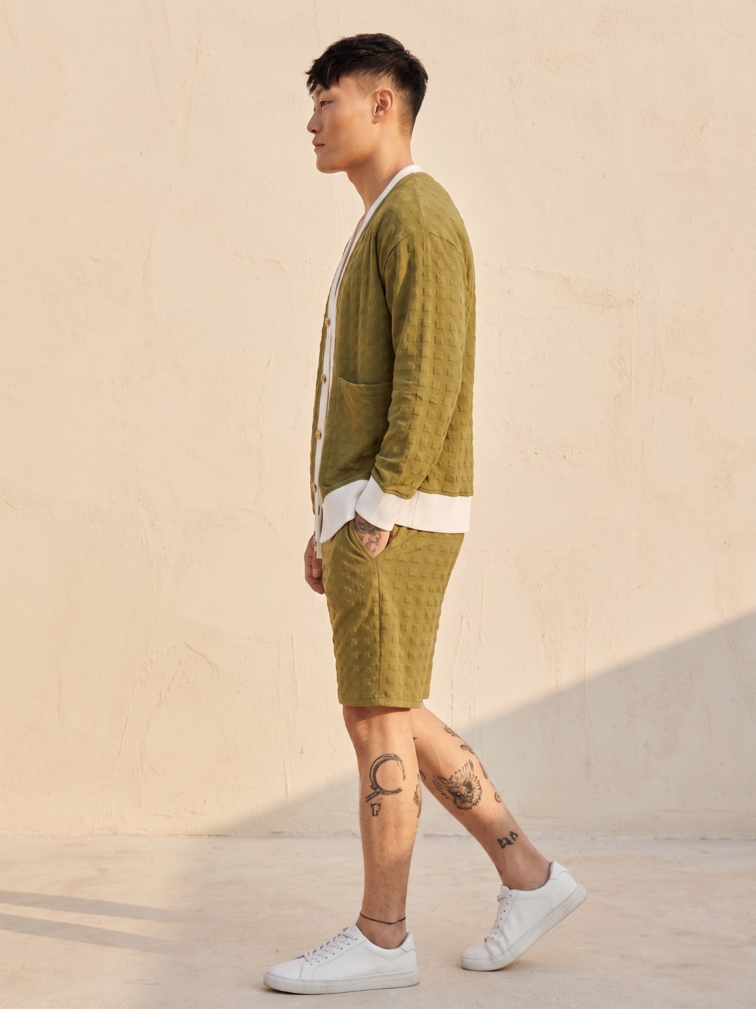 Unisex Olive Textured Cardigan Style T-Shirt & Shorts Co-ord Set