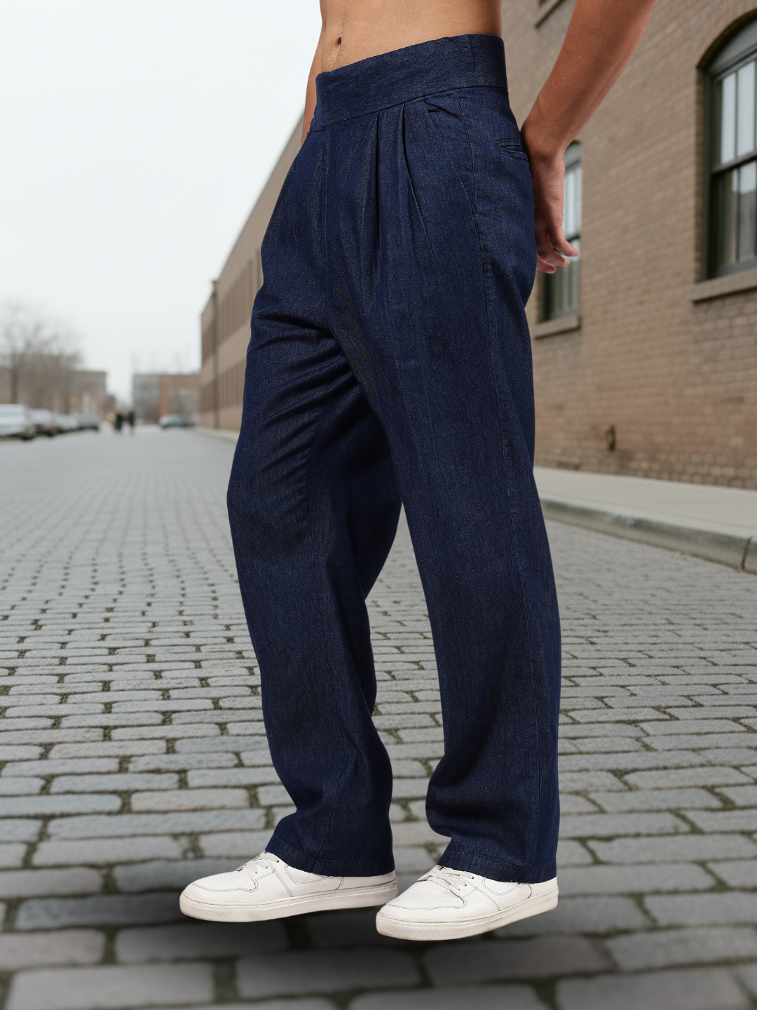 Navy Blue Premium Denim Gurkha Trousers with Double Pleated Front