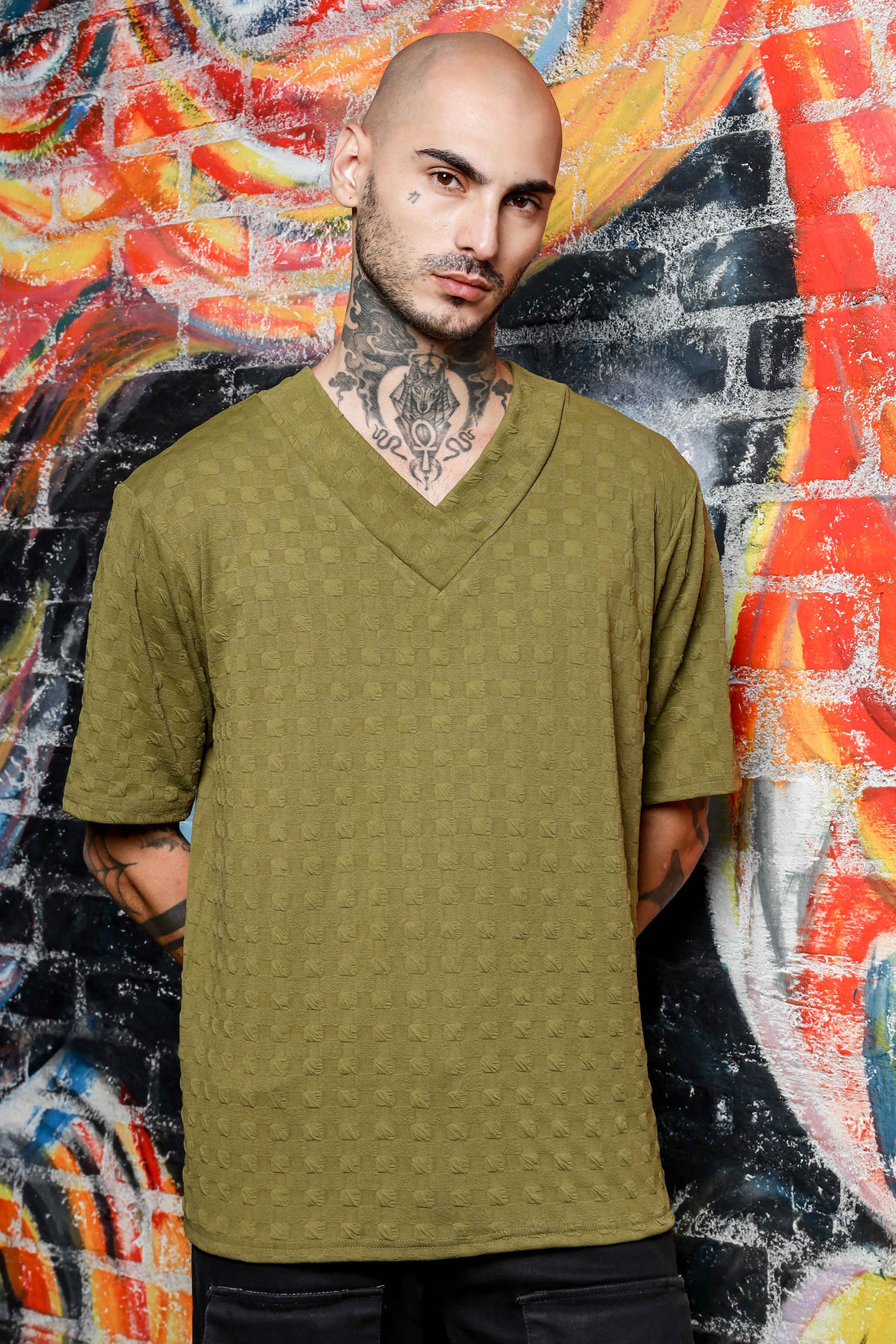 Unisex olive Textured V-Neck Oversized T-shirt