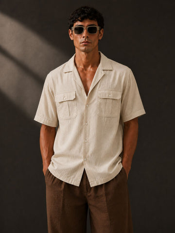 Linen Blend Beige Cuban Collar Classic Relaxed Fit Shirt