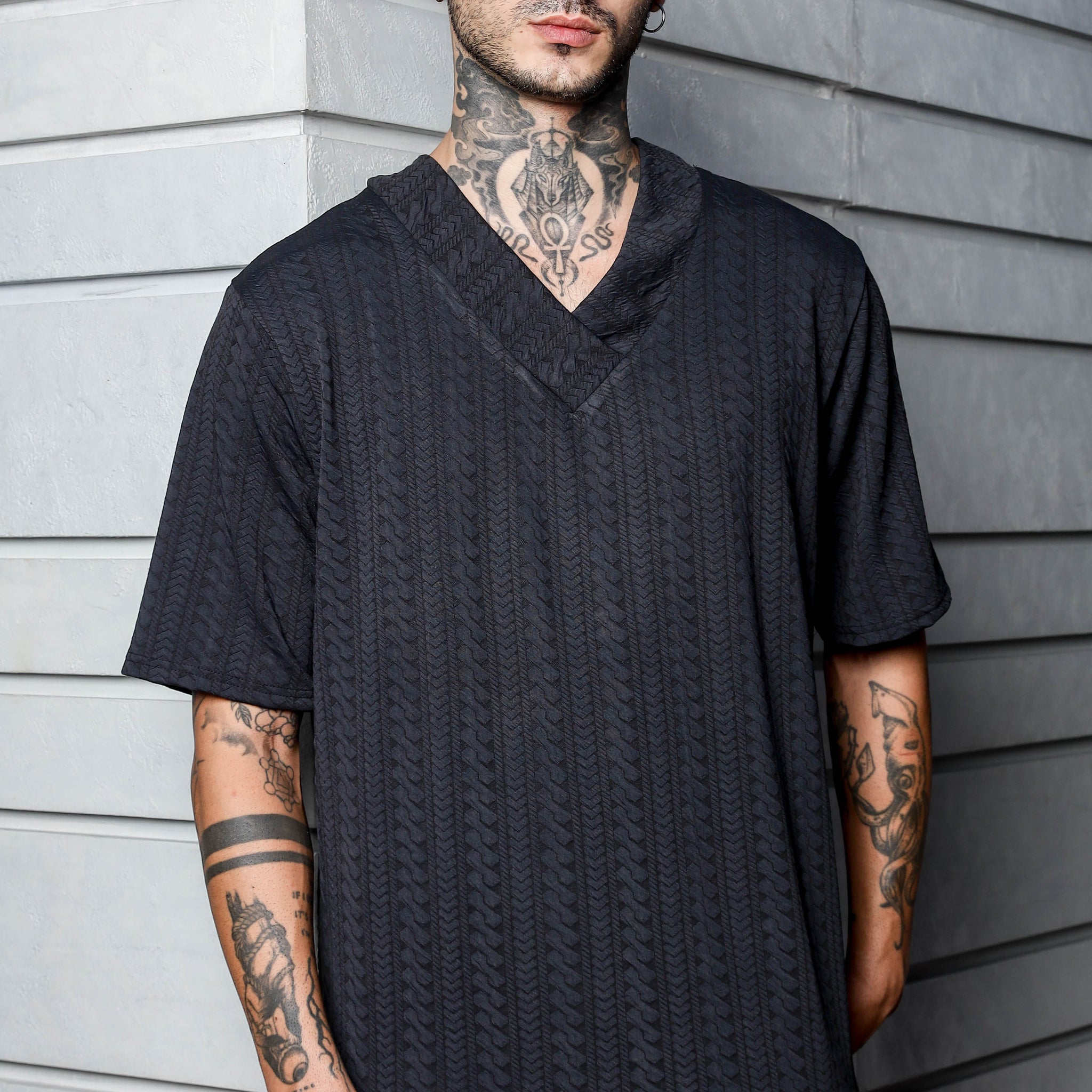 Unisex Black Textured V-Neck Oversized T-shirt