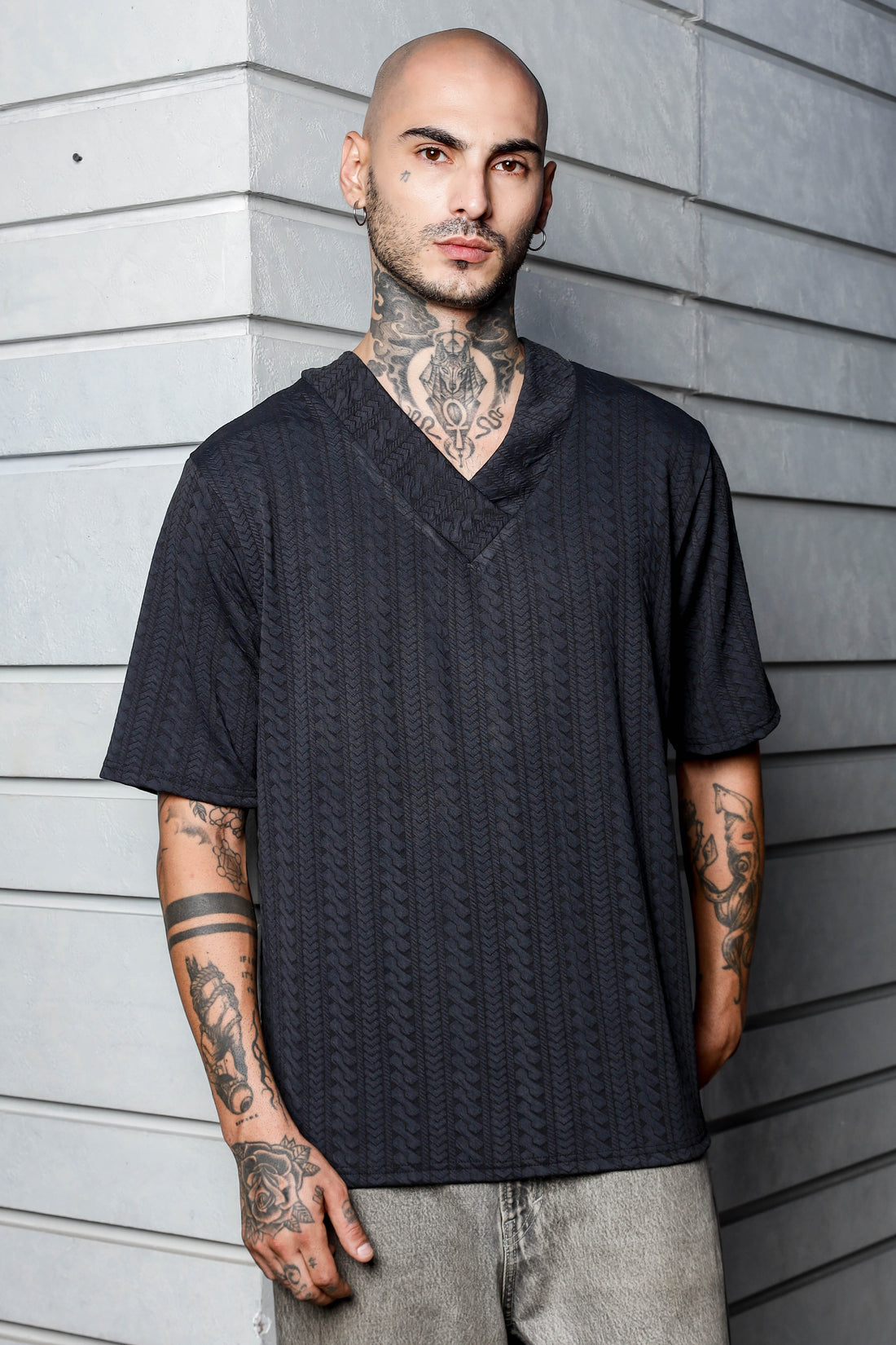 Unisex Black Textured V-Neck Oversized T-shirt
