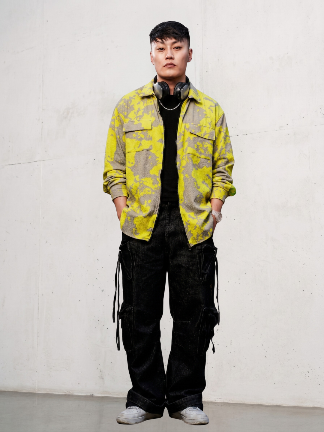 Neon Grey Splatter Abstract Print Textured Drop-Shoulder Relaxed Fit Shirt Zipper Shirt