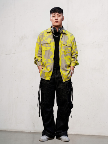 Neon Grey Splatter Abstract Print Textured Drop-Shoulder Relaxed Fit Shirt Zipper Shirt