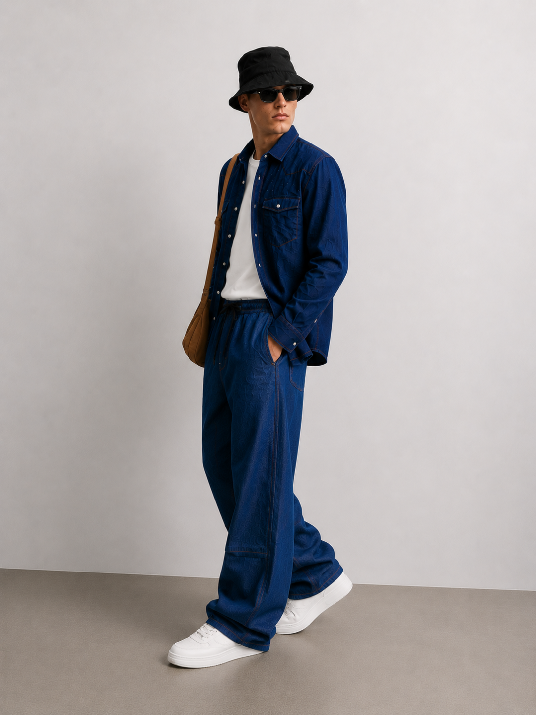 Denim Co-ord Set Navy Blue Parachute Baggy Denim Pant & Full Shirt Relaxed Fit