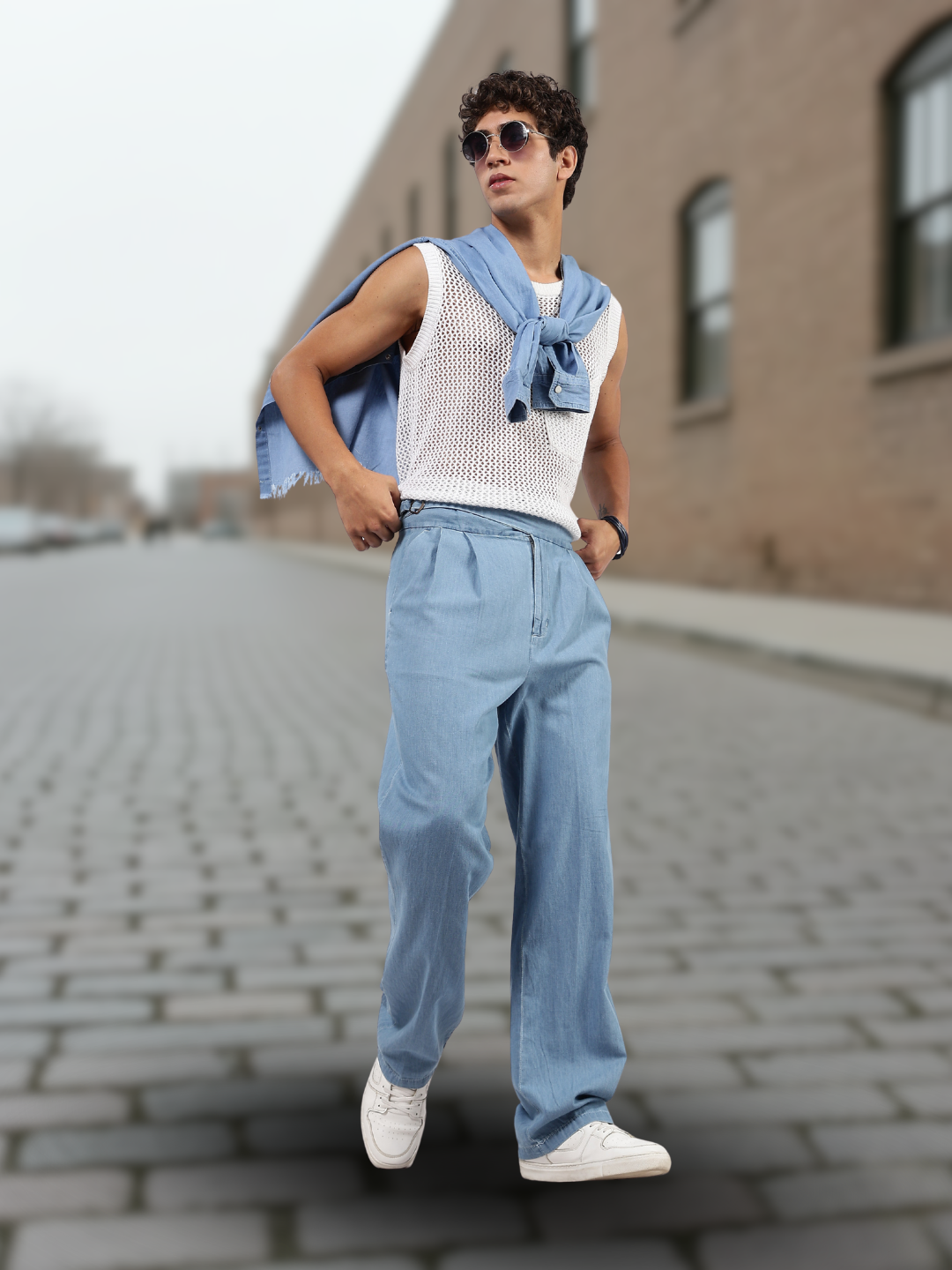 Light Blue Premium Denim Gurkha Trousers with Double Pleated Front