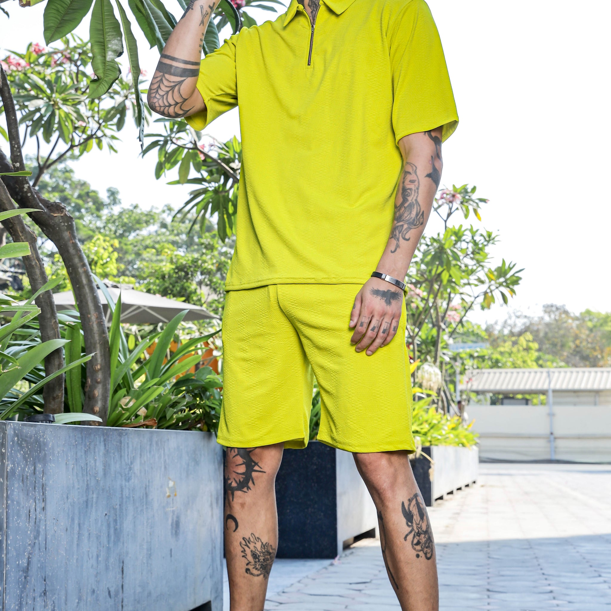 Unisex Neon Green Textured Oversized Polo Neck Tee & Shorts Co-ord Set