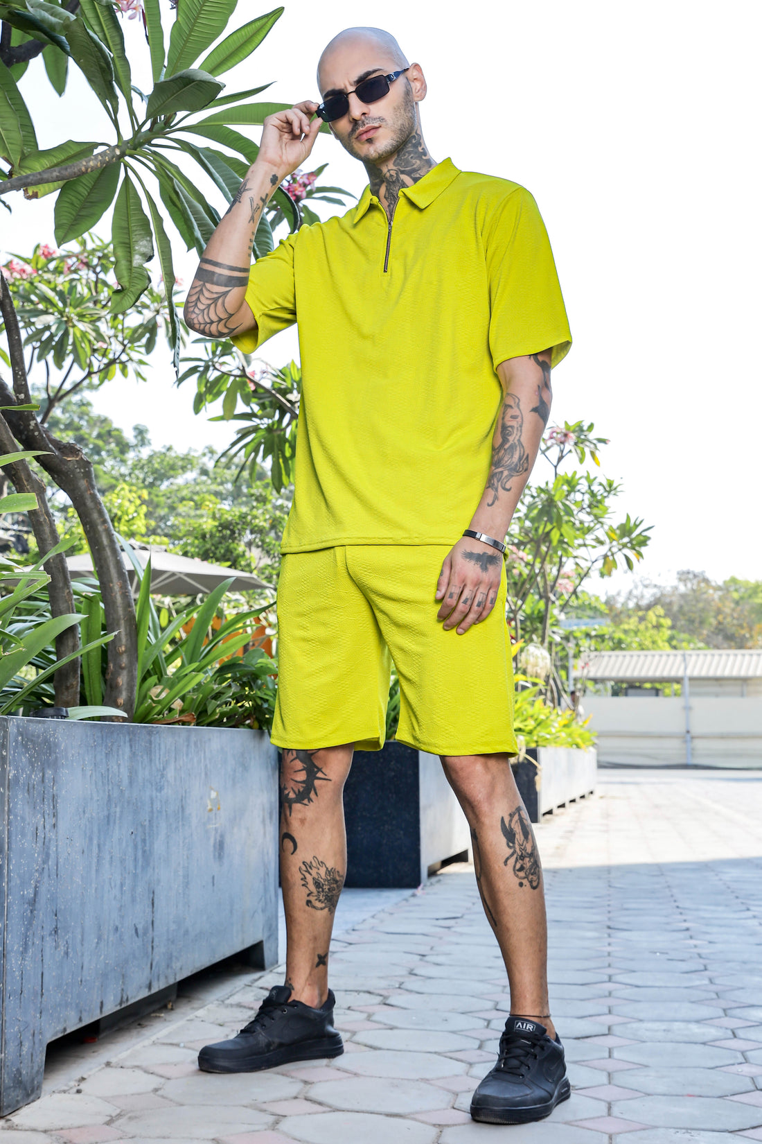 Unisex Lime Green Textured Oversized Polo Neck Tee & Shorts Co-ord Set