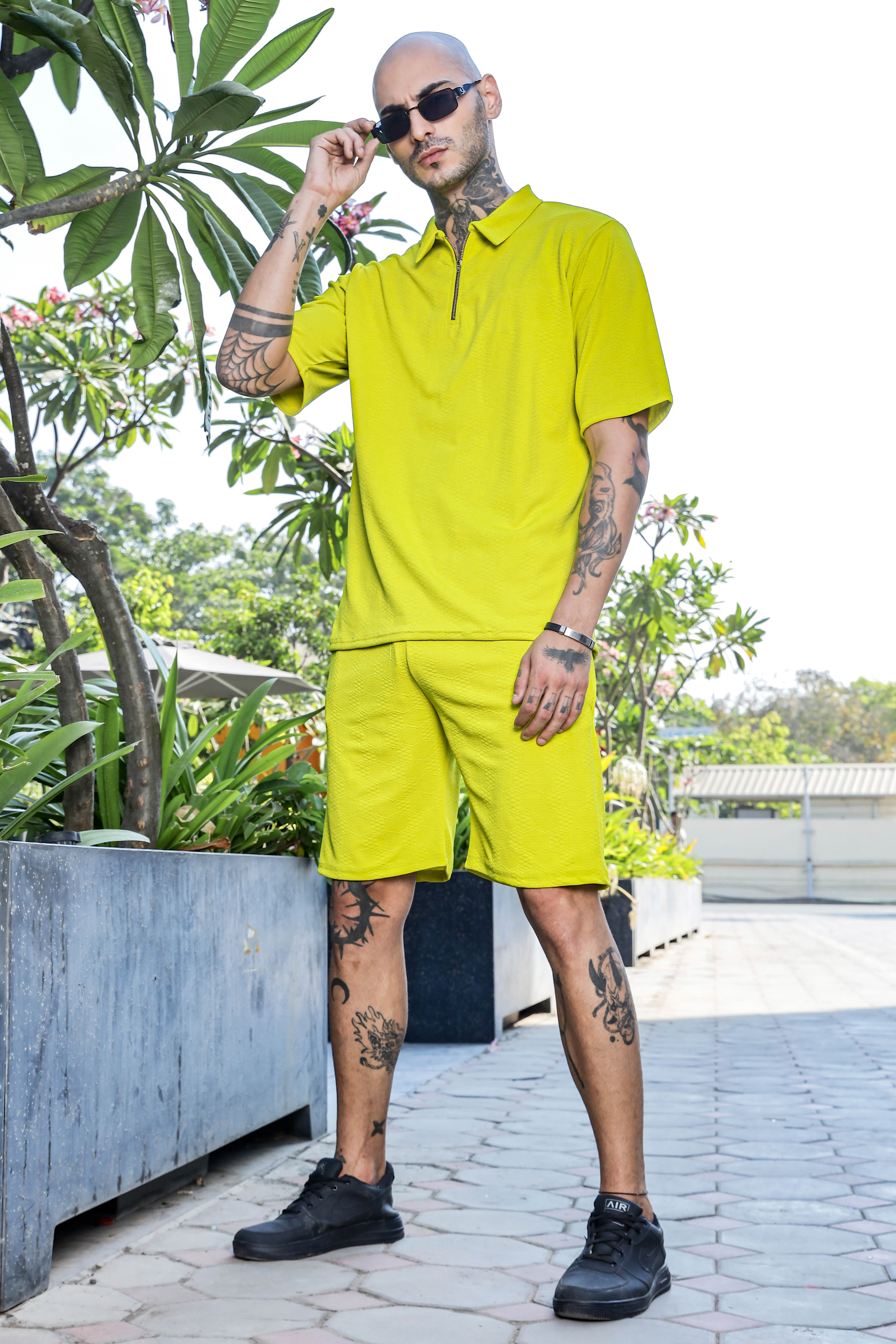 Unisex Lime Green Textured Oversized Polo Neck Tee & Shorts Co-ord Set