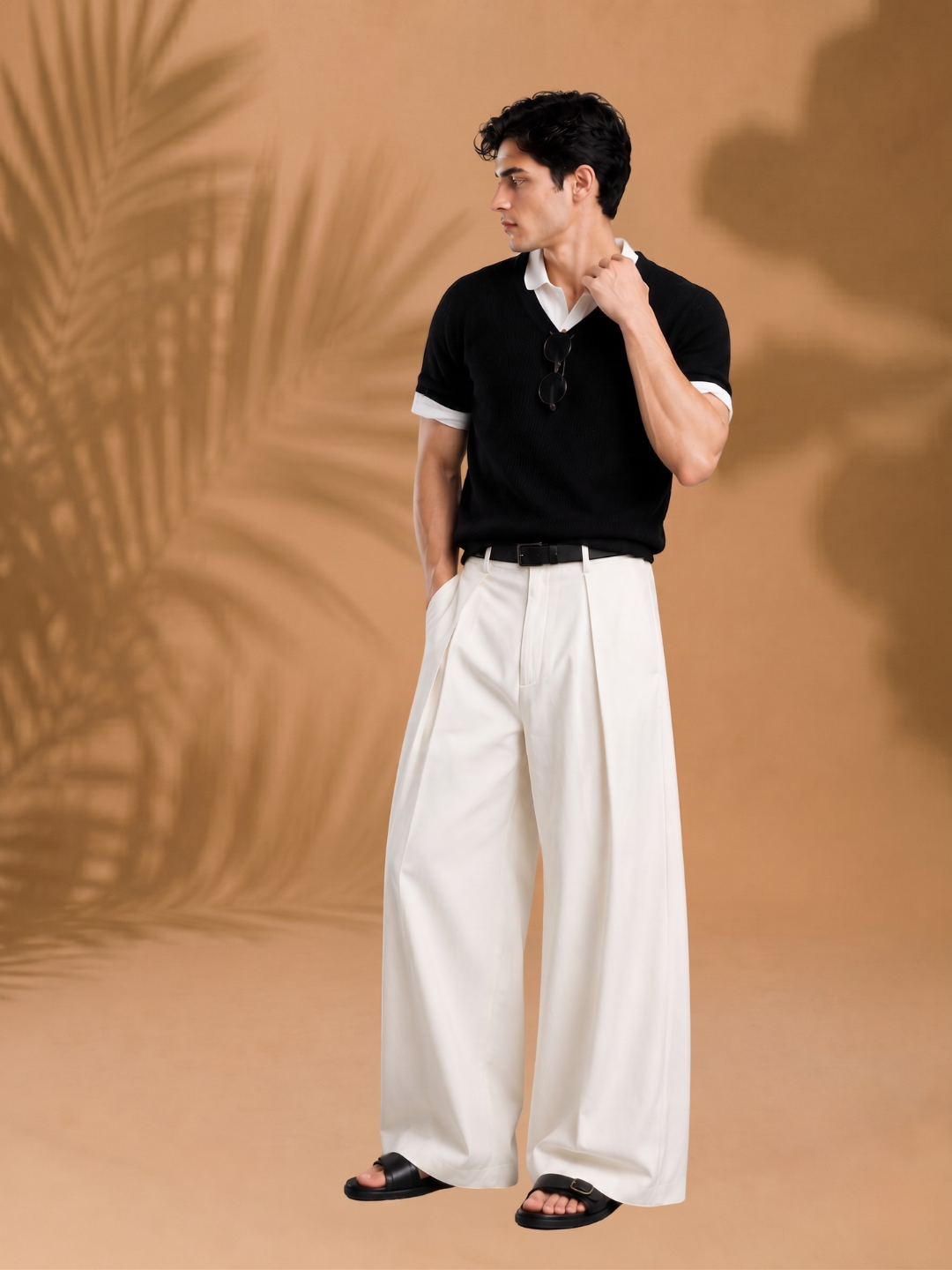 Cream Wide Leg Samurai Trousers with Pleated Front