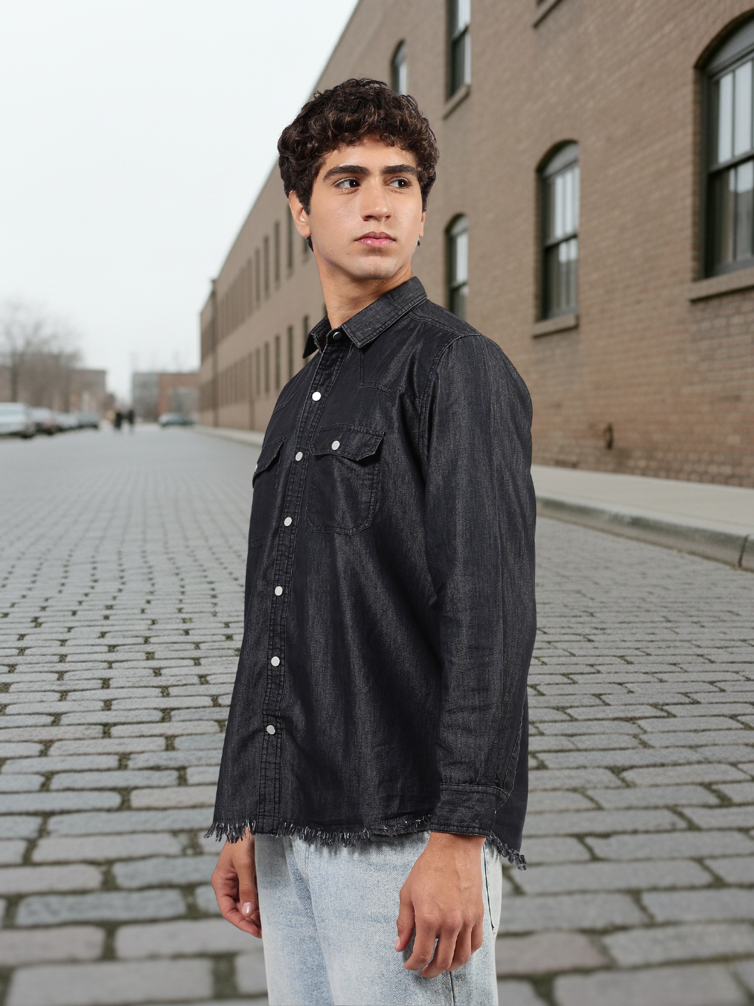Black Raw Edge Oversized Relaxed Fit Full Sleeve Spread Collar Premium Denim Shirt