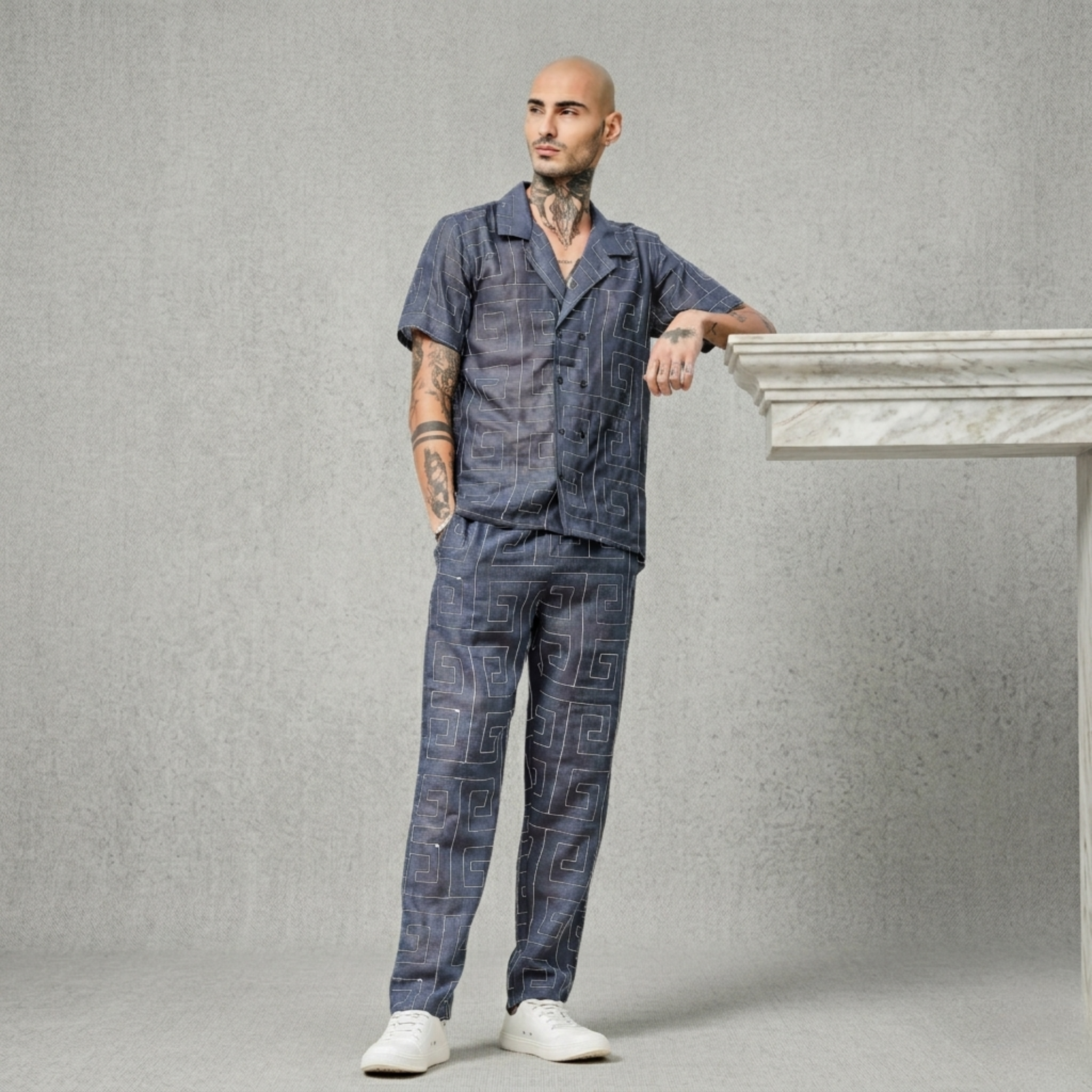 Blue Linen Embroidered Notched Lapel Korean Shirt & All Day Lounge Pants Co-ord Set