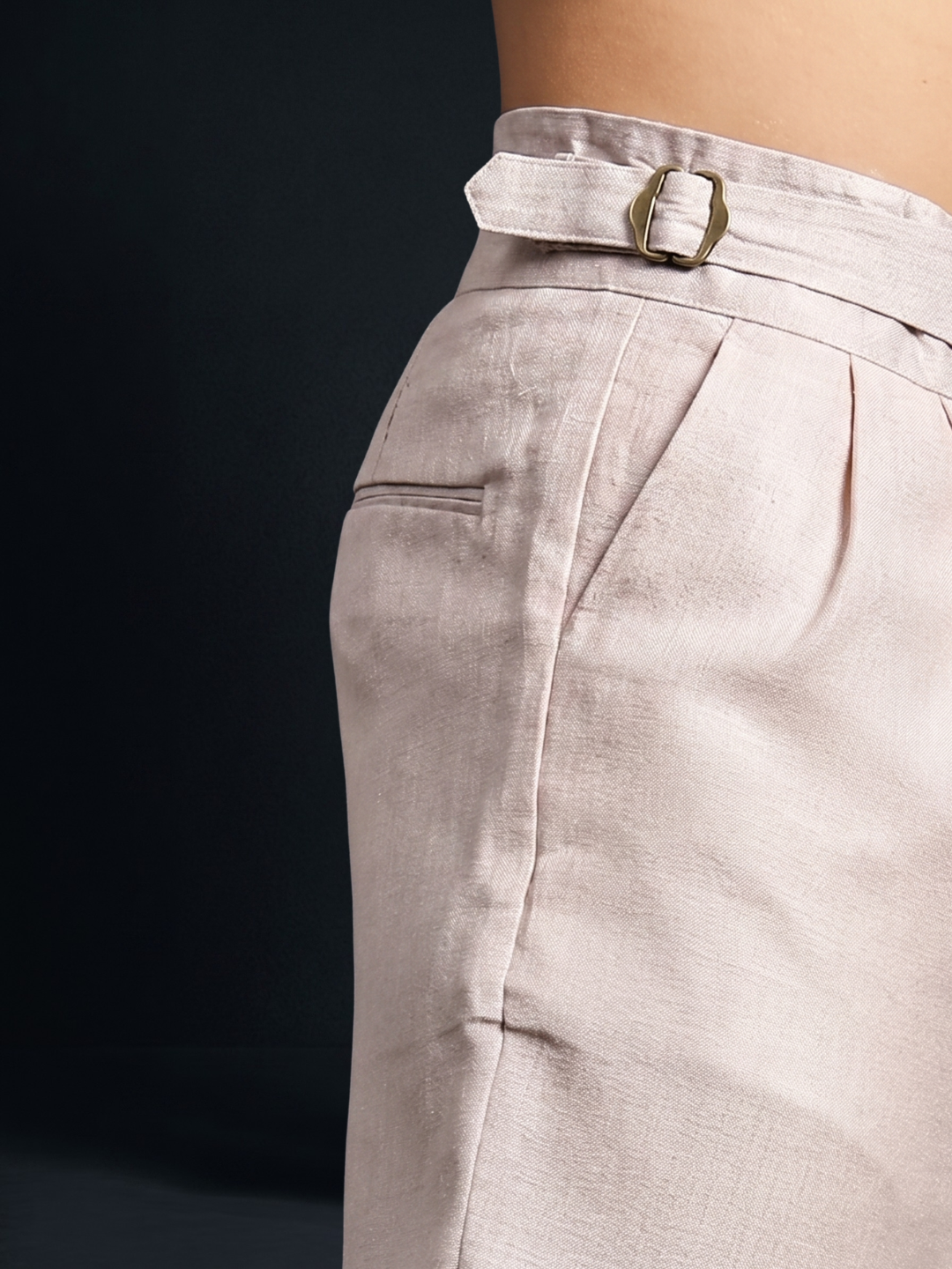 Champagne Pink Solid Linen Blend Gurkha Trousers with Double Pleated Front