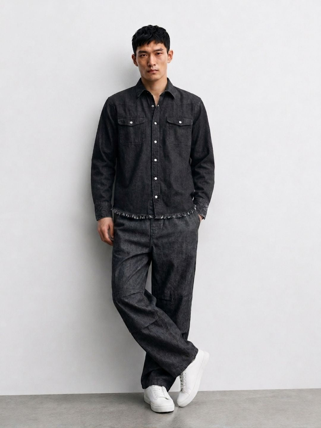 Denim Co-ord Set Charcoal Black Parachute Baggy Denim Pant & Full Shirt Relaxed Fit