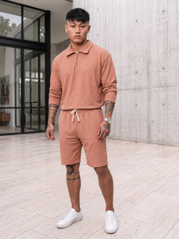 Unisex Brown Textured Relaxed Fit Full Sleeve Polo T-Shirt & Shorts Co-ord Set
