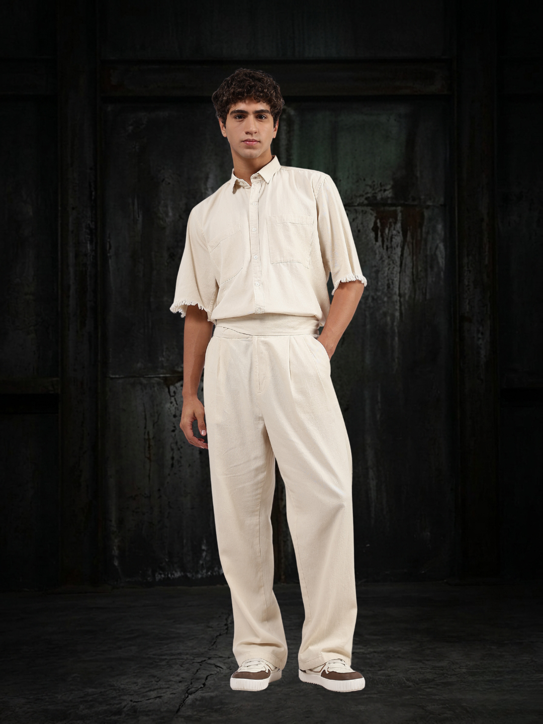 Co-Ord Set Off-White Premium Denim Gurkha Pant & Half Sleeve Shirt Relaxed Fit