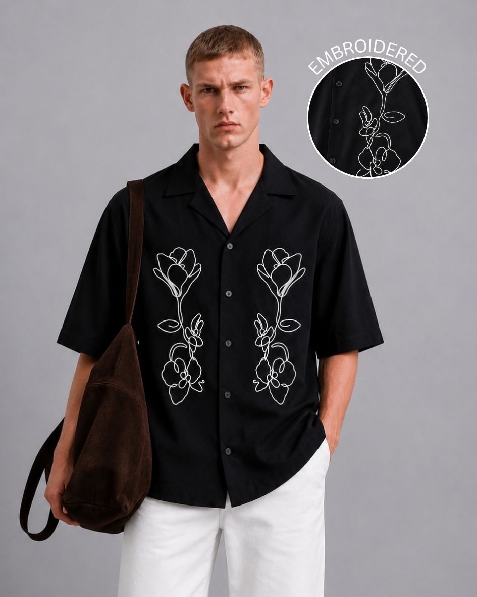 Black Embroidered Relaxed Fit Oversized Half Sleeve Casual Resort Shirt