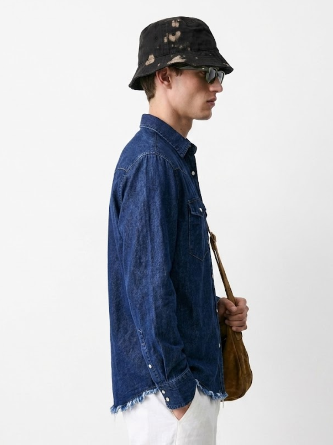 Navy Blue Raw Edge Oversized Relaxed Fit Spread Collar Premium Denim Full Sleeve Shirt