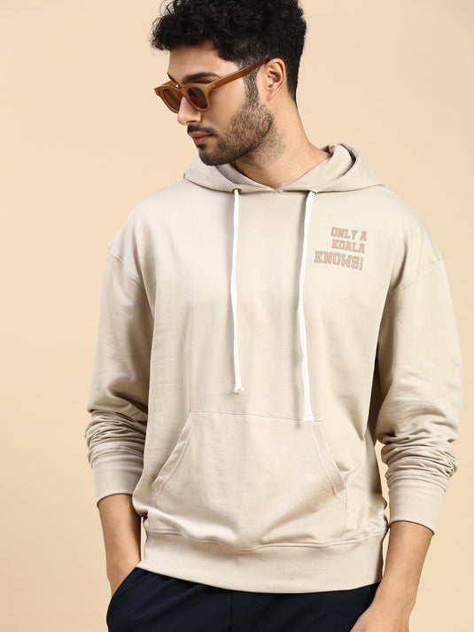 Unisex Beige Relaxed Fit Printed Hoodie Sweatshirt