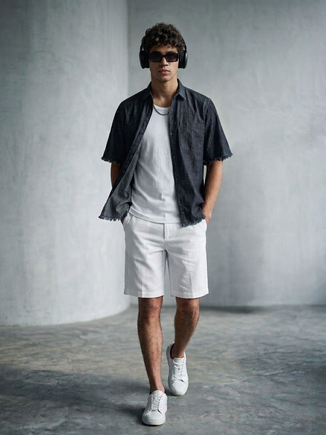 Black Raw Edge Oversized Box-Fit Spread Collar Premium Denim Shirt