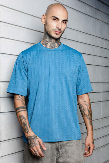 Blue Textured Round Neck Oversized T-shirt