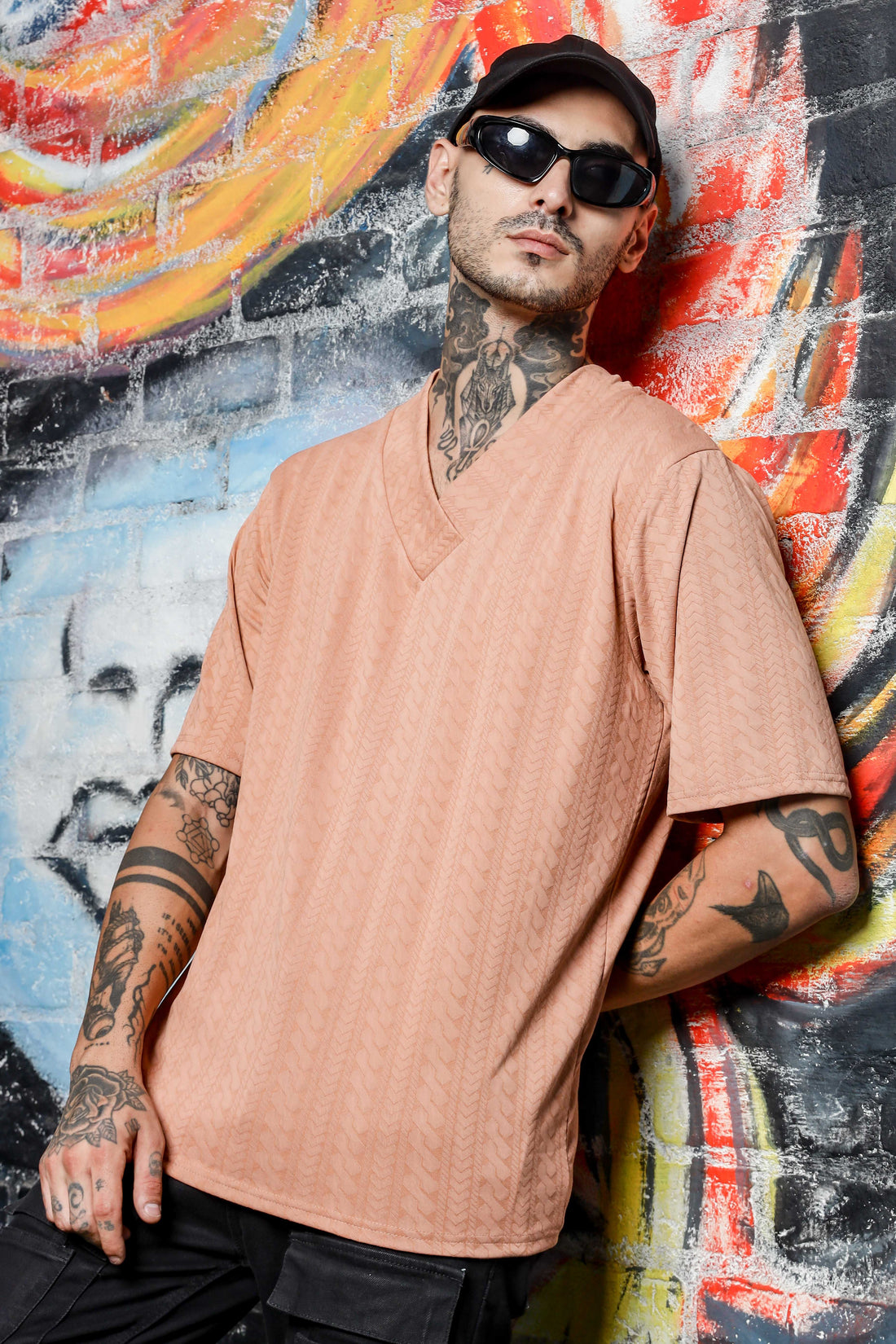 Unisex Brown Textured V-Neck Oversized T-shirt