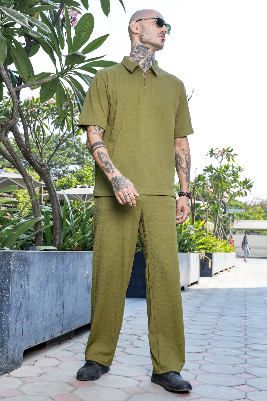 Unisex Olive Textured Oversized Polo Neck Tee & Track-pant Co-ord Set