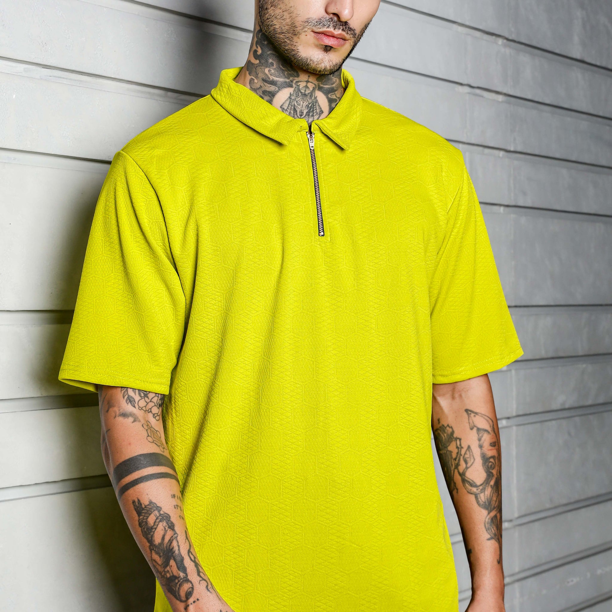 Lime Green Textured Polo Neck Relaxed Fit T-shirt