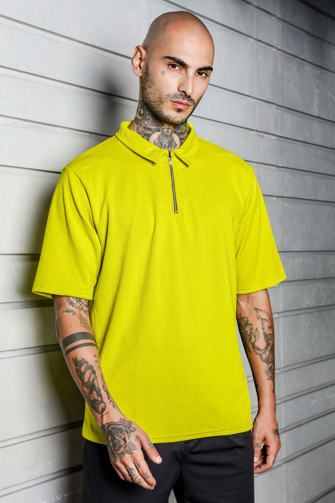 Unisex Lime Green Textured Polo Neck Oversized T-shirt