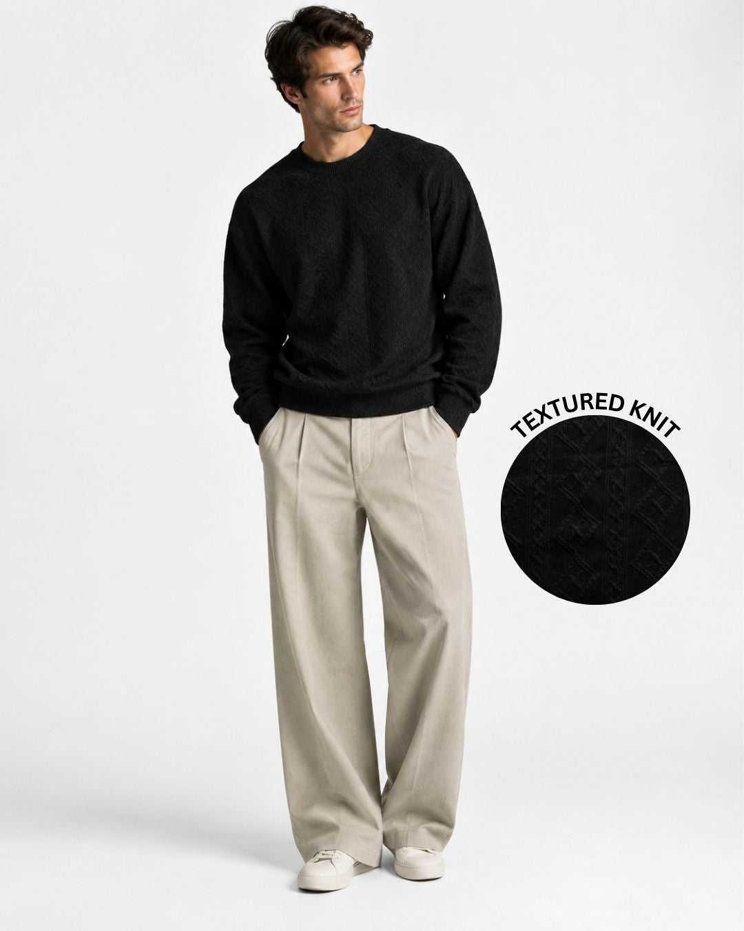 Black Textured Oversized Full Sleeve Sweatshirt & Trackpant Co-ord Set