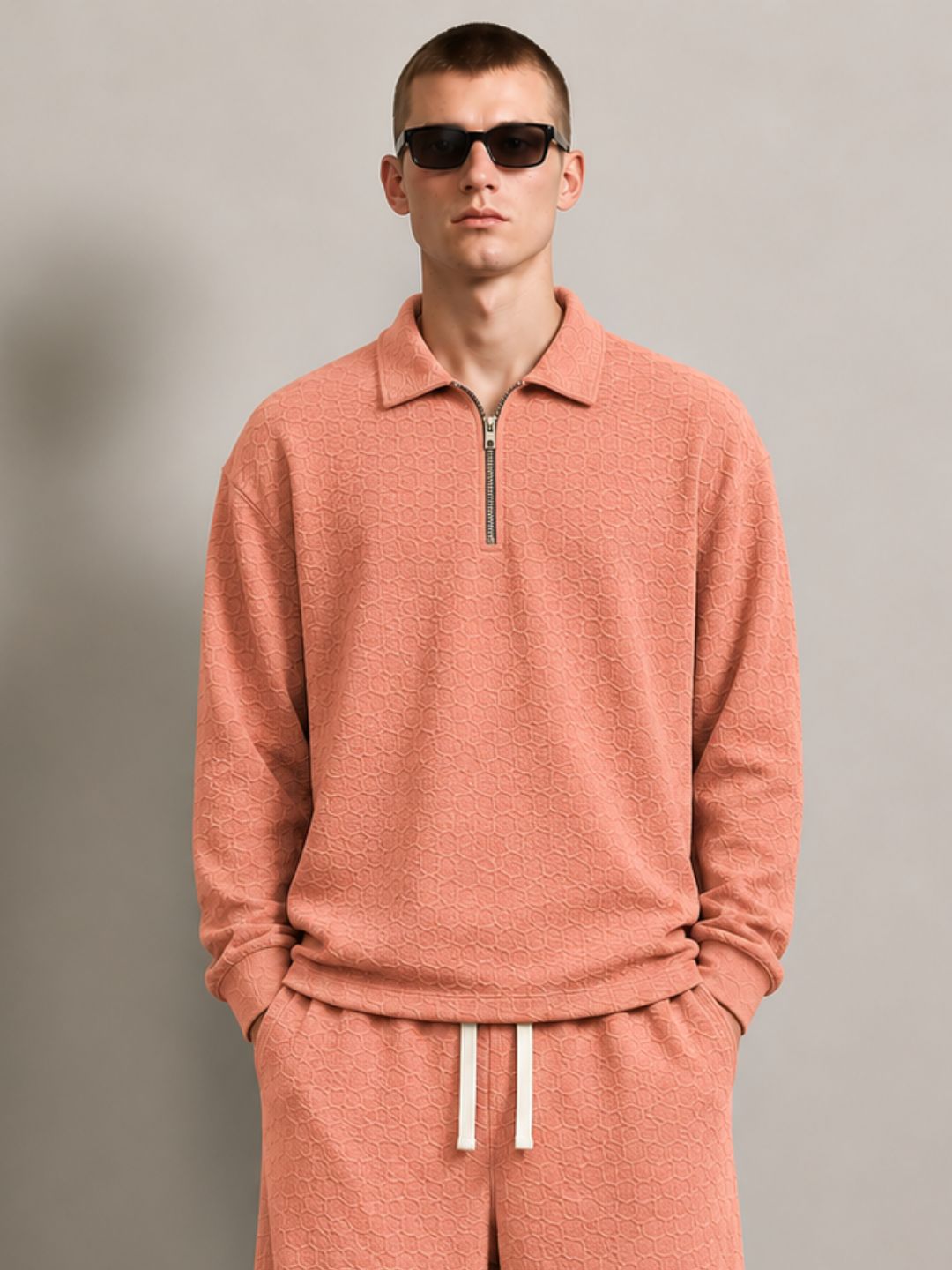 Brown Textured Oversized Full Sleeve Polo Neck Tee & Trackpant Co-ord Set