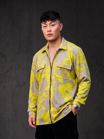 Neon Grey Splatter Abstract Print Textured Drop-Shoulder Relaxed Fit Shirt Zipper Shirt