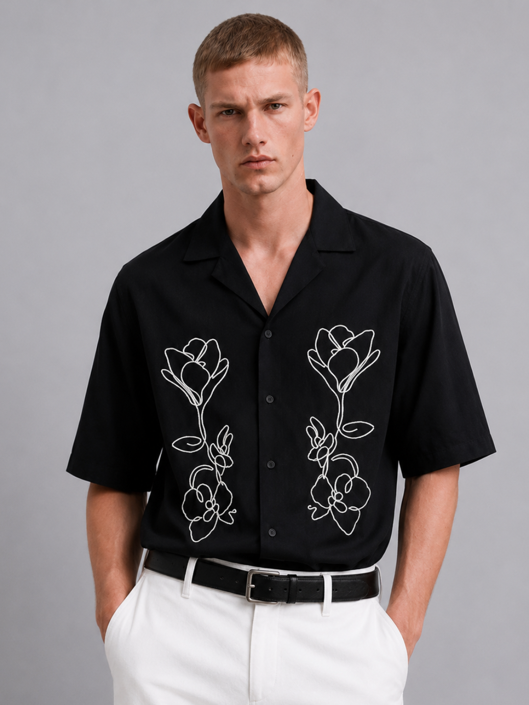 Black Embroidered Relaxed Fit Oversized Half Sleeve Casual Resort Shirt