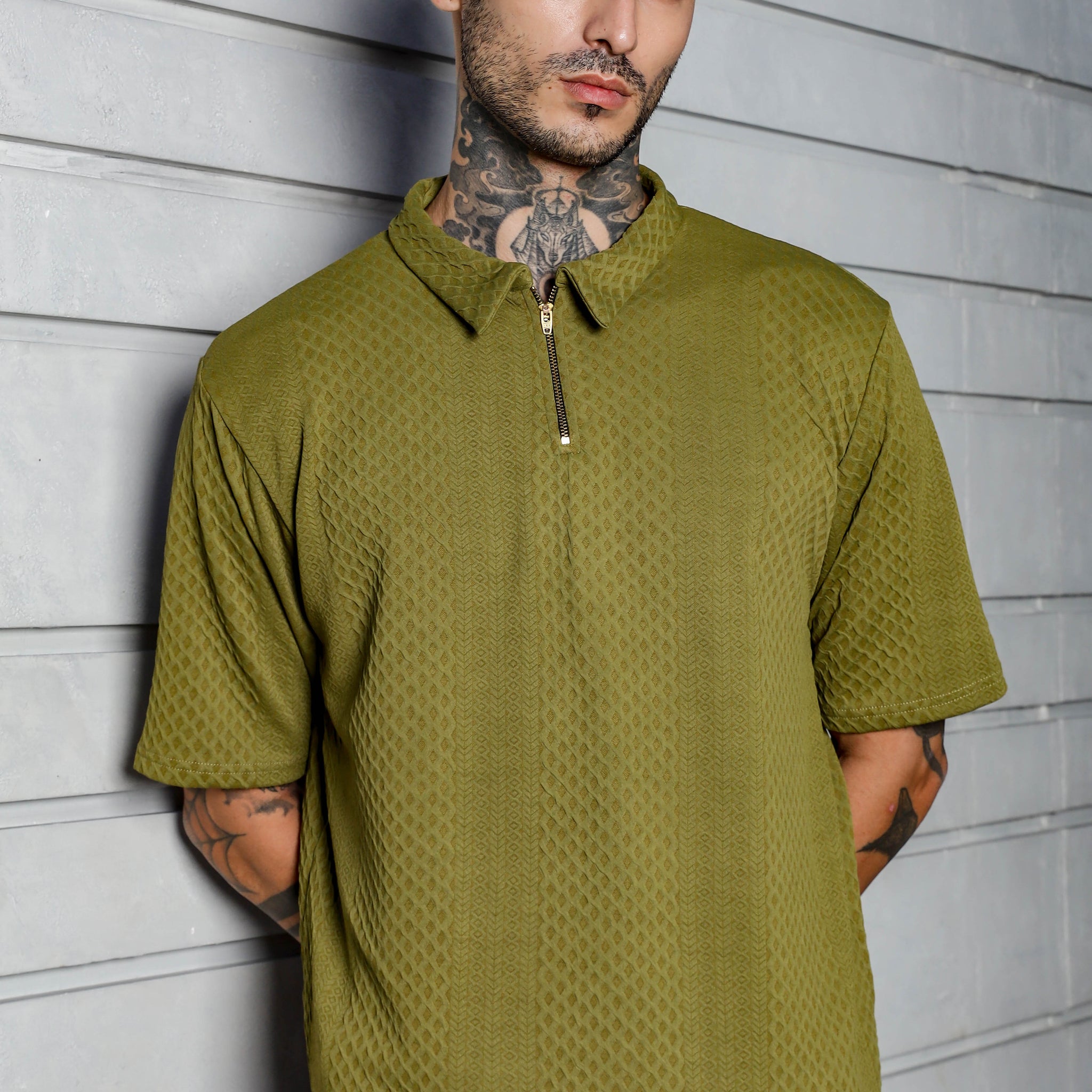 Olive Textured Polo Neck Oversized T-shirt