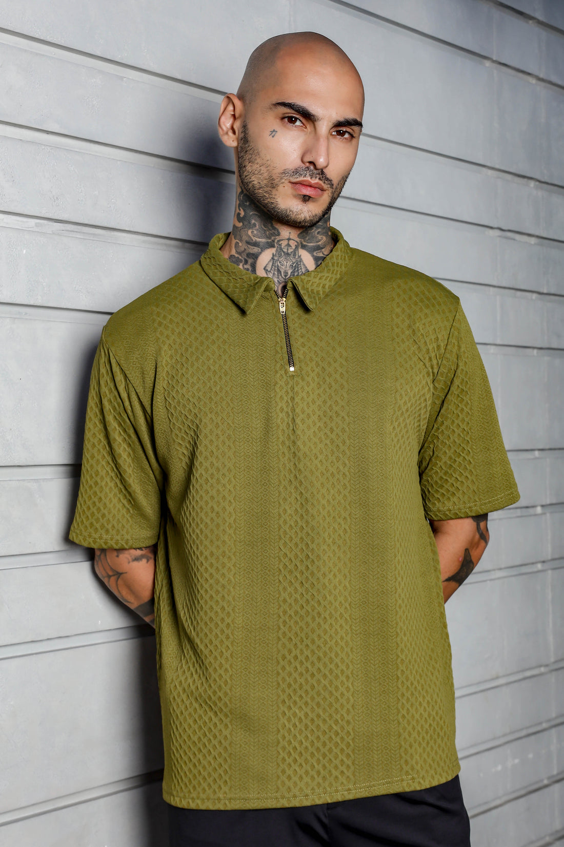 Unisex Olive Textured Polo Neck Oversized T-shirt
