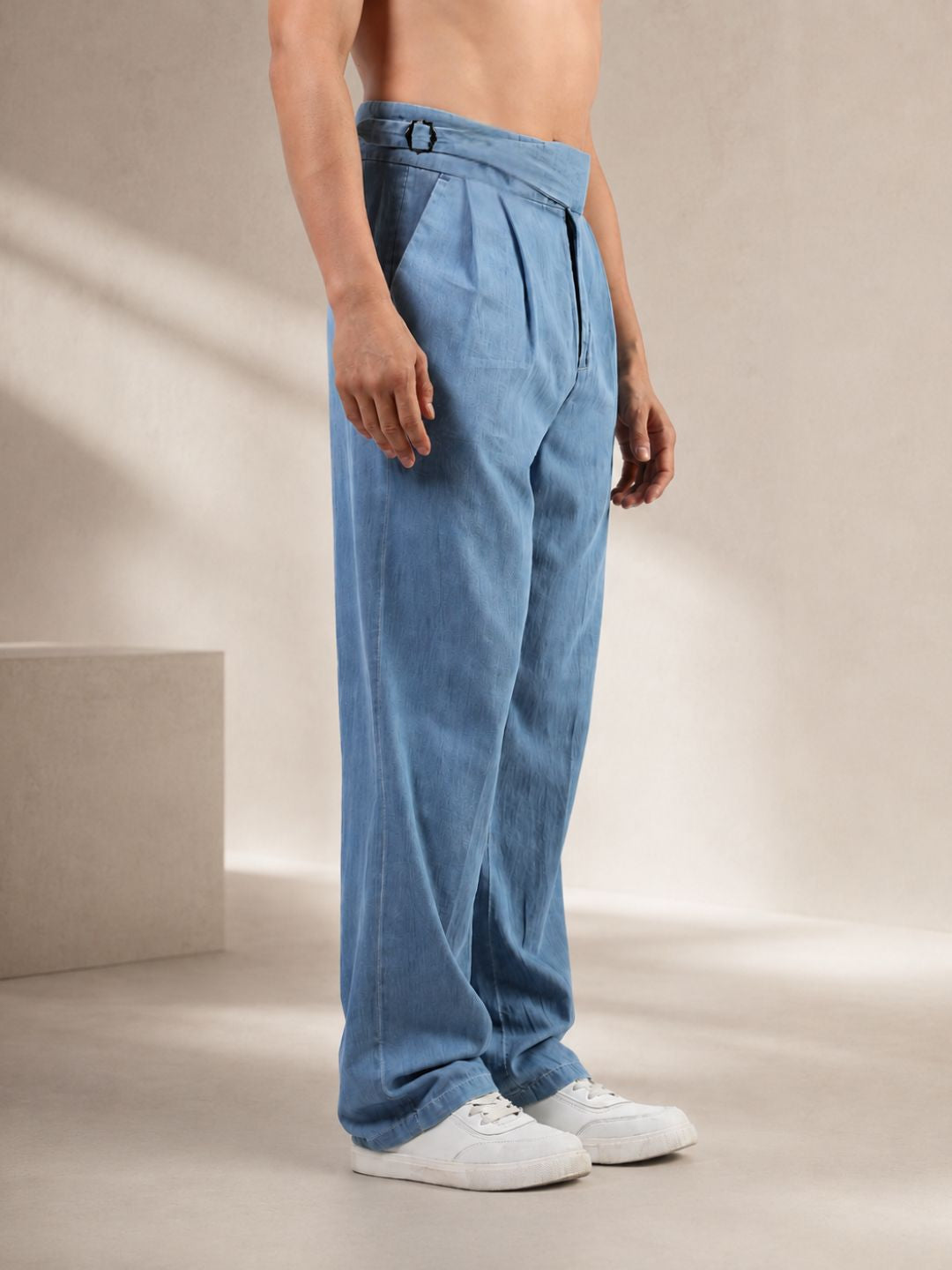 Blue Denim Baggy Fit Gurkha Trousers with Double Pleated Front