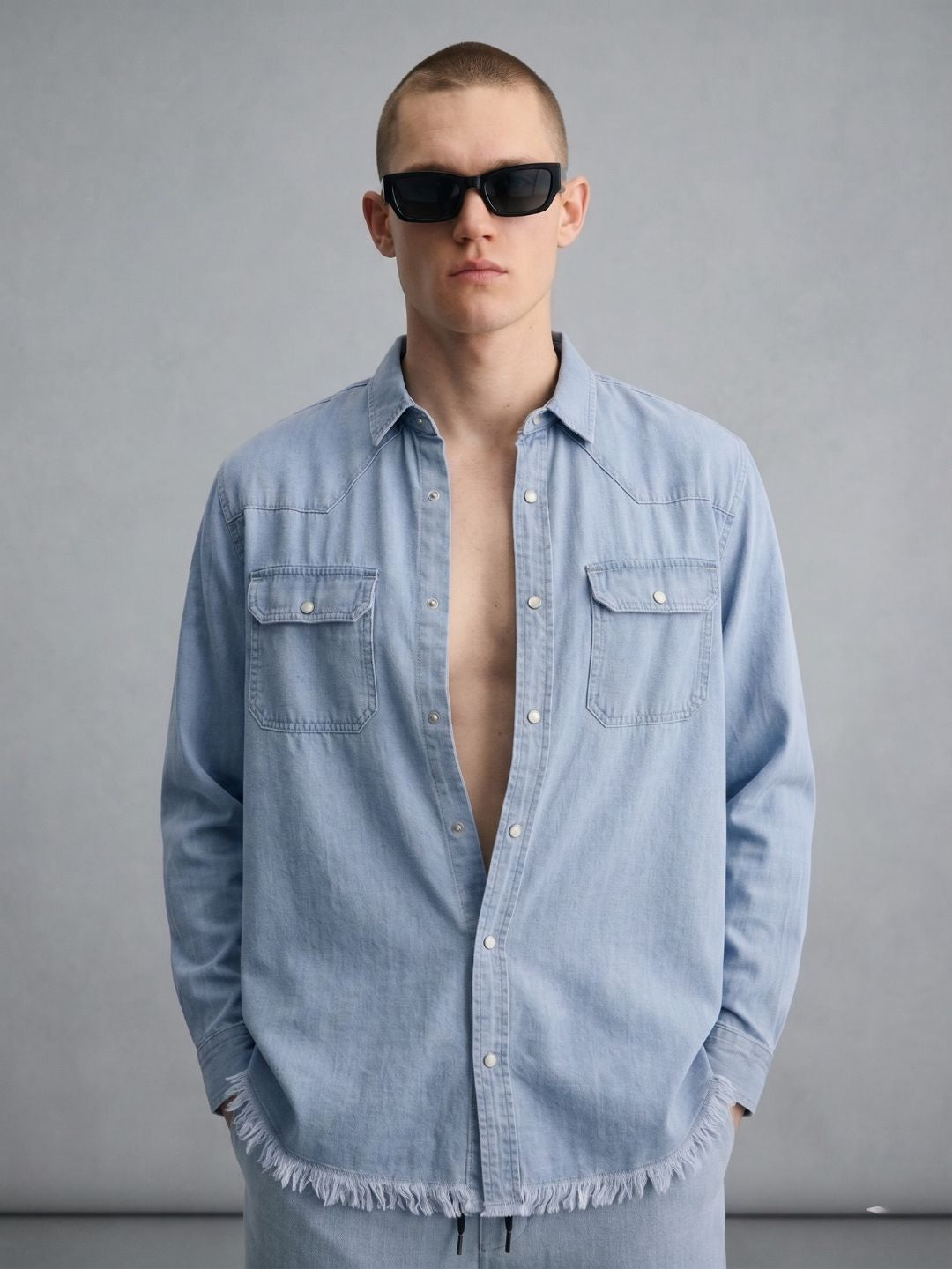 Denim Co-ord Set Light Blue Parachute Baggy Denim Pant & Full Shirt Relaxed Fit