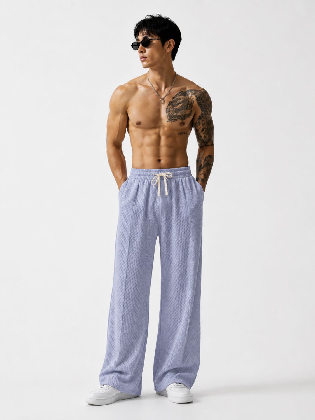 Grey Textured Relaxed-Fit Mid-Rise Korean Pant
