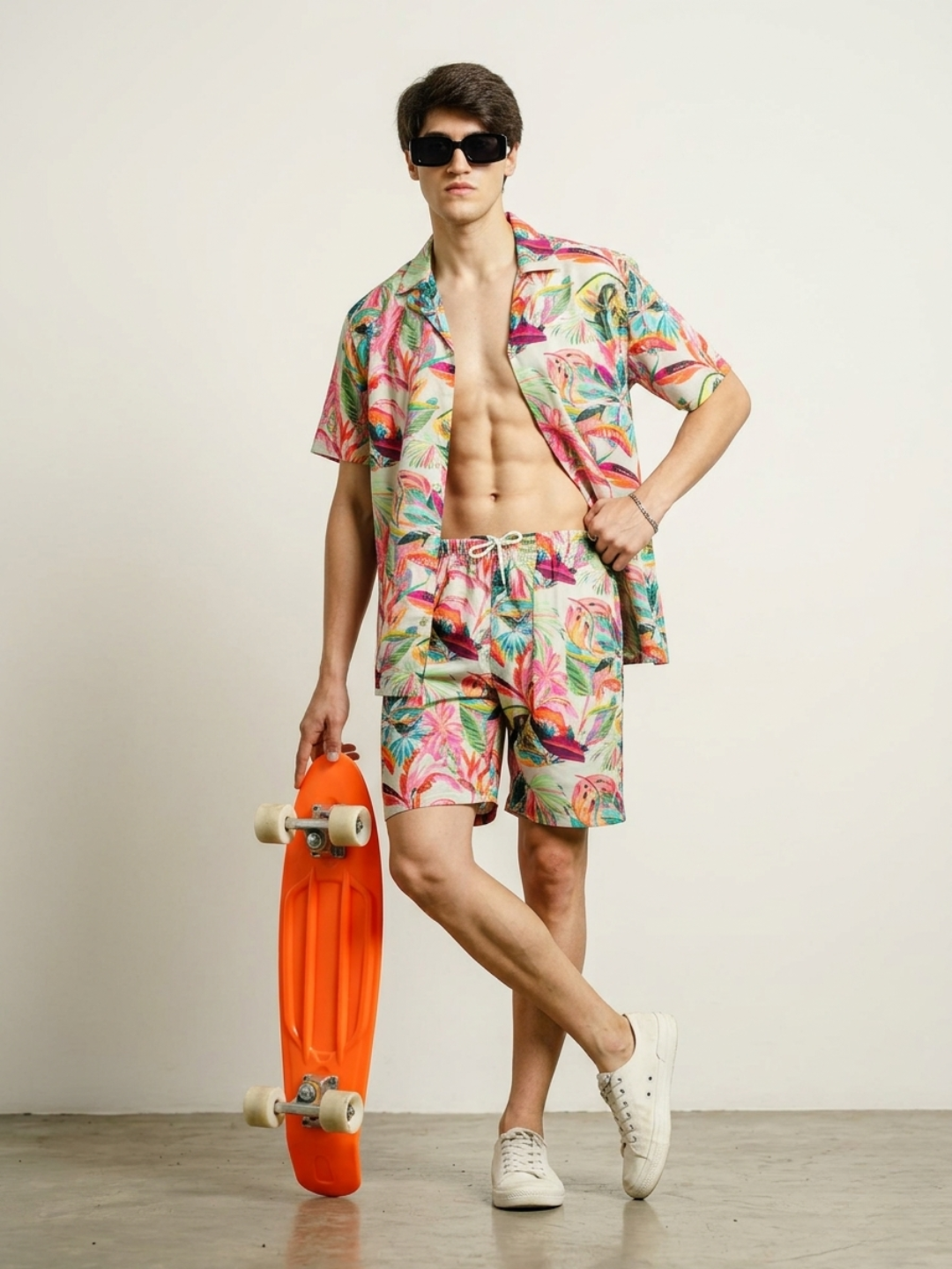 Unisex Beige Tropical Abstract Printed Co-ord Set
