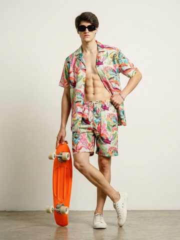 Unisex Beige Tropical Abstract Printed Co-ord Set