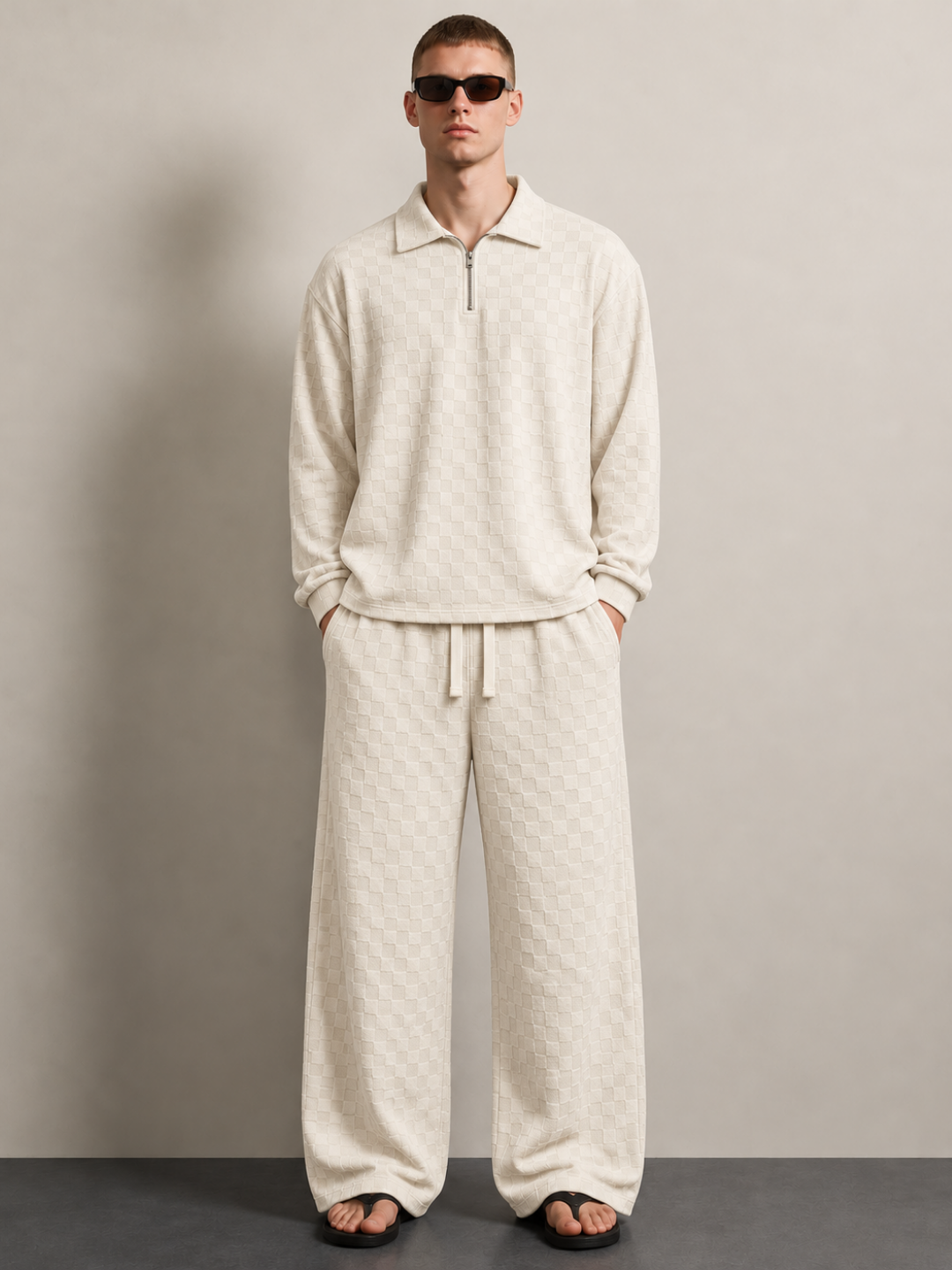 Off-White Textured Oversized Full Sleeve Polo Neck Tee & Trackpant Co-ord Set