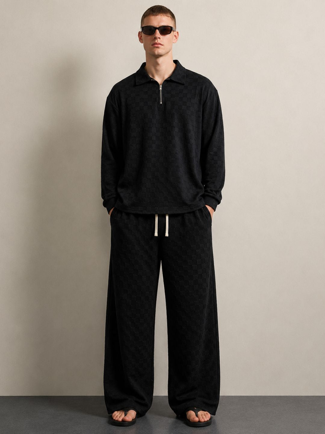 Black Textured Oversized Full Sleeve Polo Neck Tee & Trackpant Co-ord Set