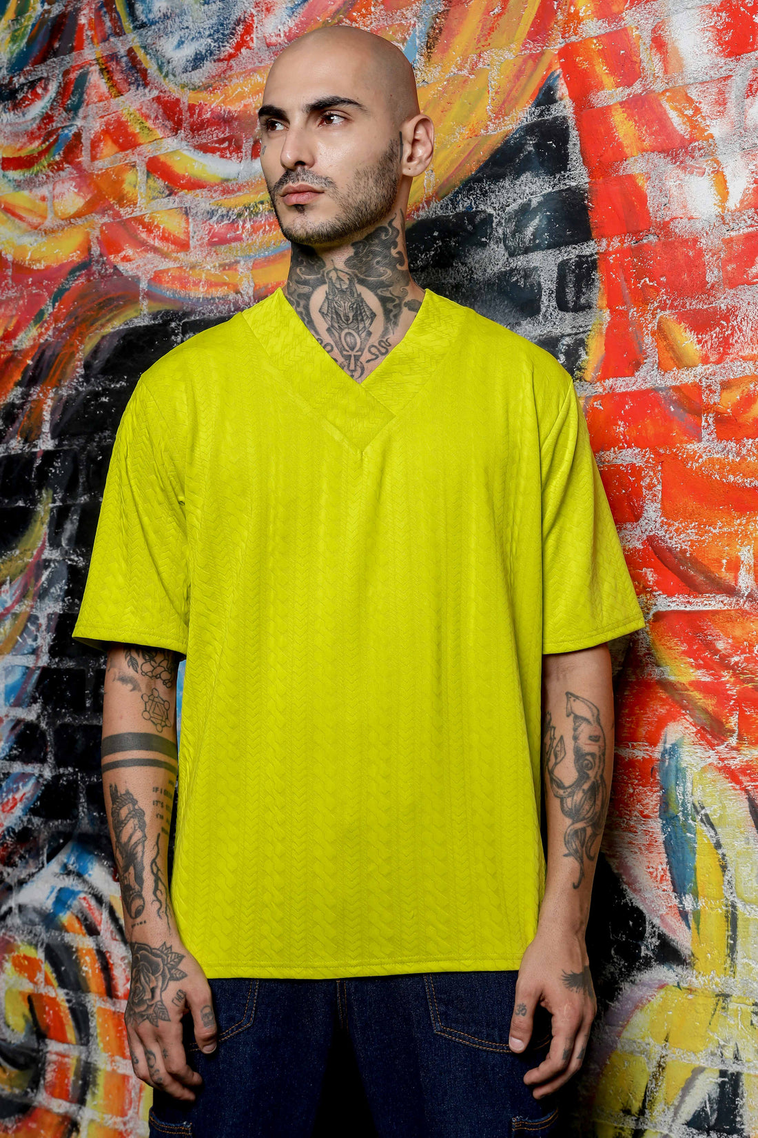 Unisex Lime Green Textured V-Neck Oversized T-shirt