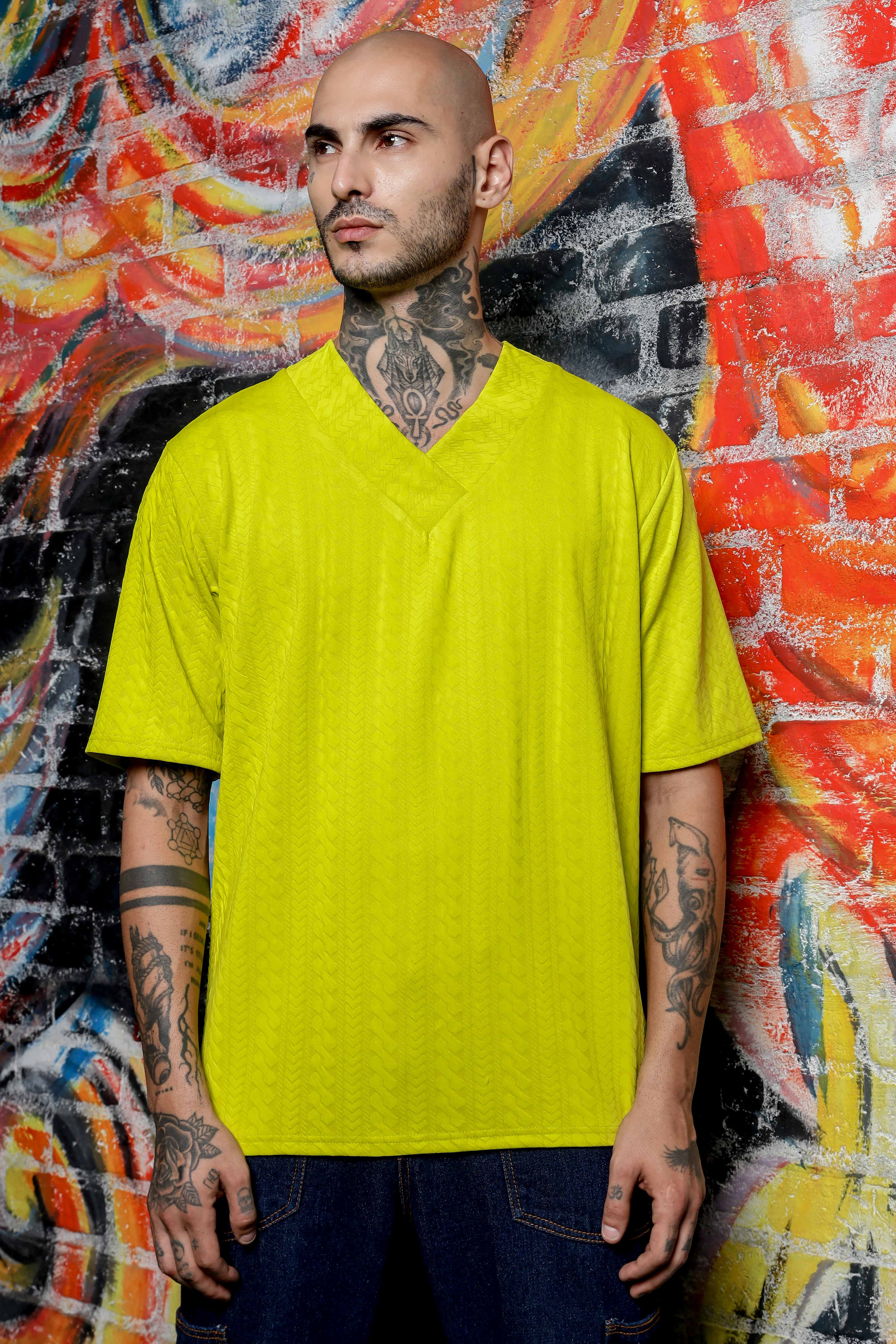 Unisex Lime Green Textured V-Neck Oversized T-shirt