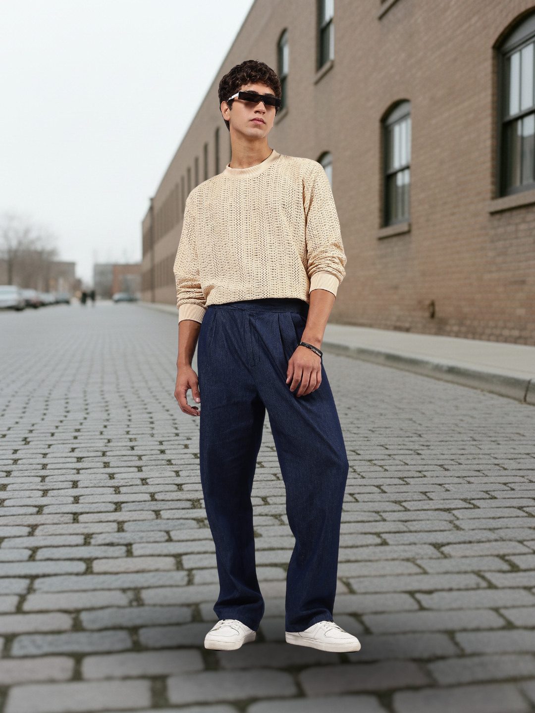 Beige Oversized Fit Premium Cotton Crochet Pullover