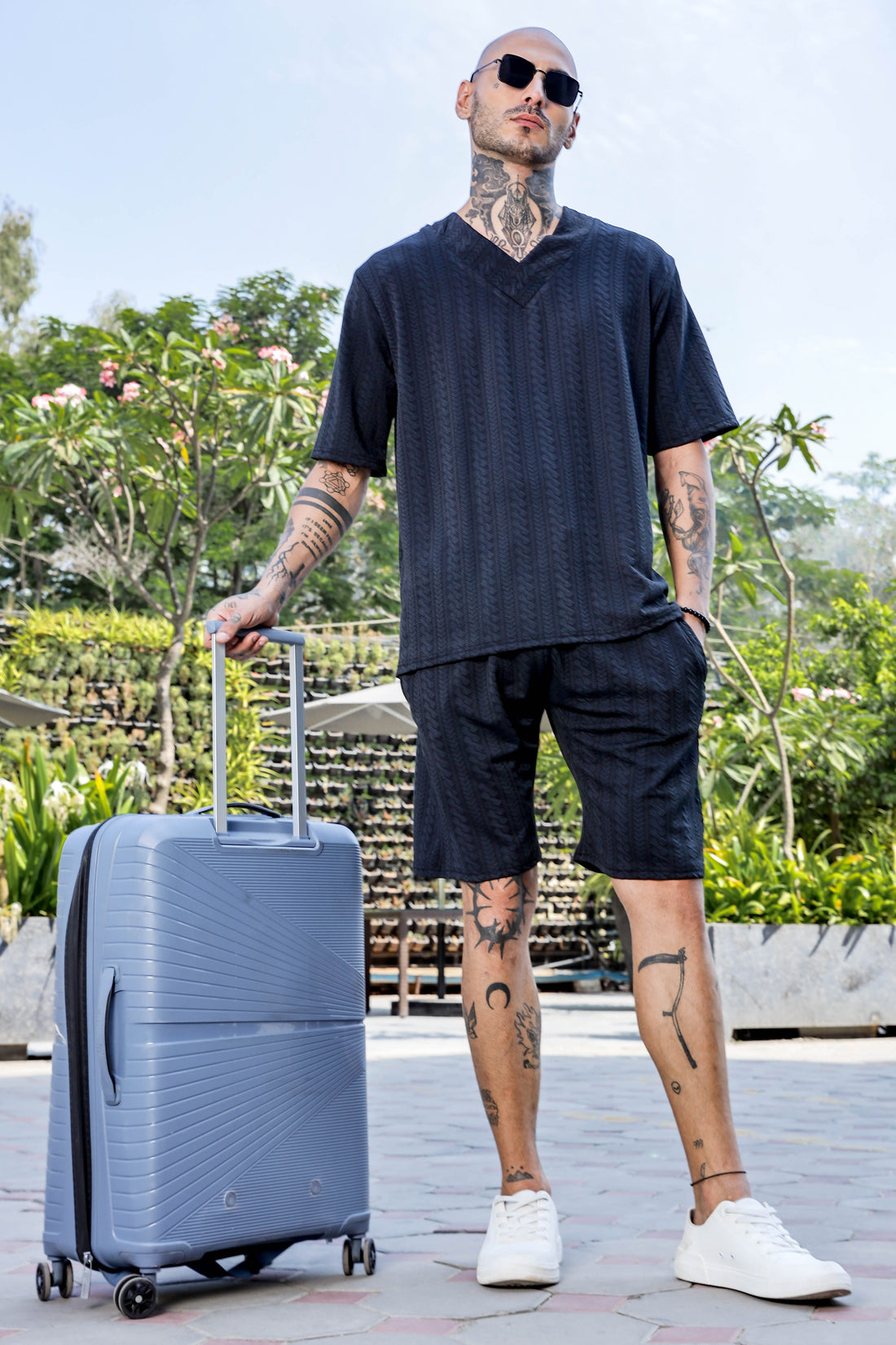 Unisex Black Textured Oversized V-Neck Tee & Shorts Co-ord Set