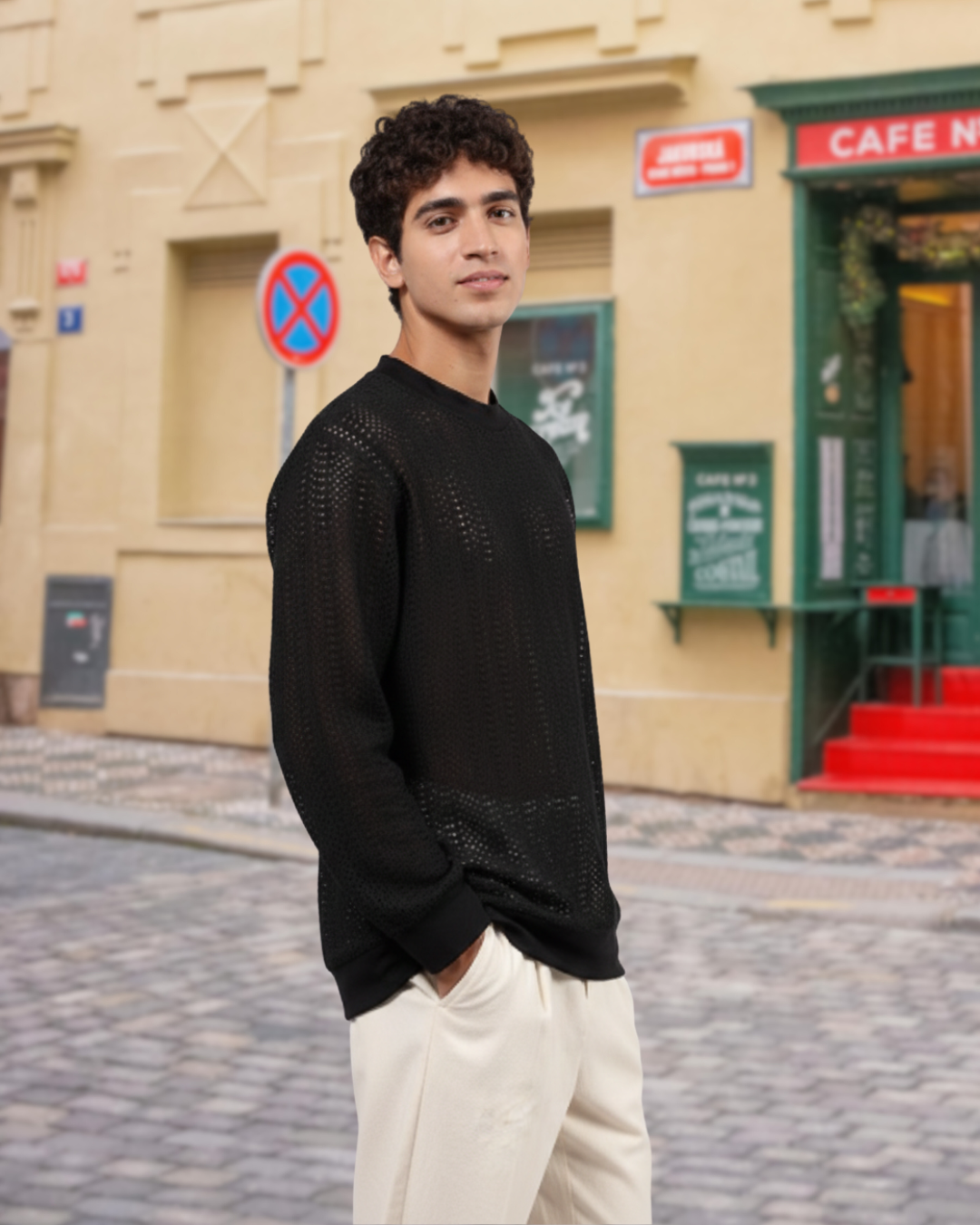 Black Oversized Fit Premium Cotton Crochet T-Shirt