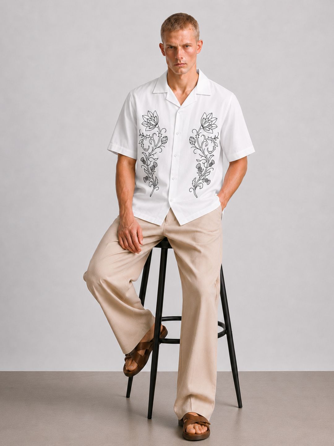 White Embroidered Relaxed Fit Oversized Half Sleeve Casual Resort Shirt