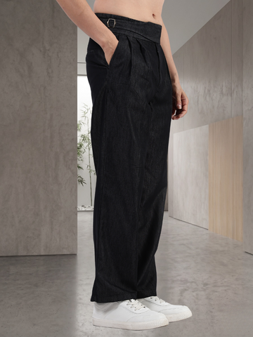 Black Premium Denim Gurkha Trousers with Double Pleated Front